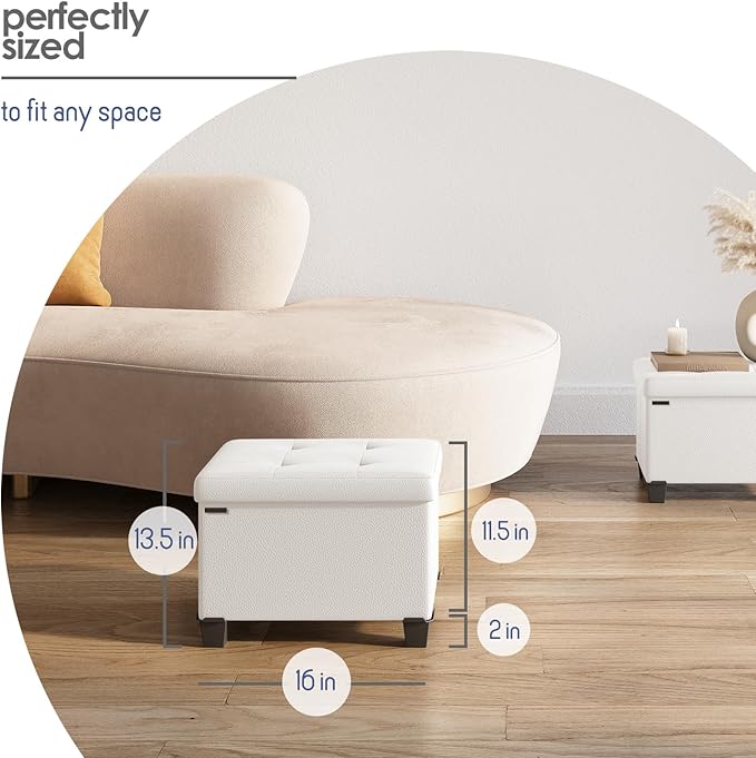 STORAGEBUD Storage Ottoman Cube with Small Bin, 16-in Square Ottoman with Storage for Living Room and Bedroom, Small Ottomans Foot Rest, Faux Leather Foot Stools Ottomans Max 330lbs, Cream