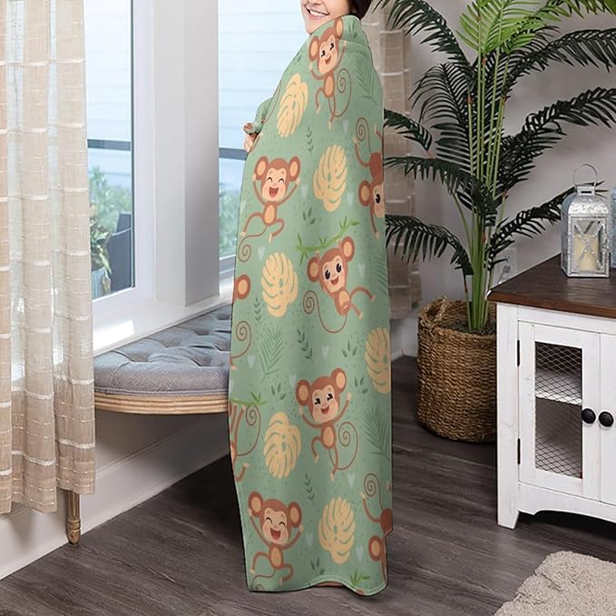 Wild Cute Animals Monkey Throw Blanket, Flannel Fleece Bed Blanket, Soft Cozy Fuzzy Plush Blankets for Couch Sofa Office Traveling Kids Bedroom Adults Living Room All Season, 60"x50"