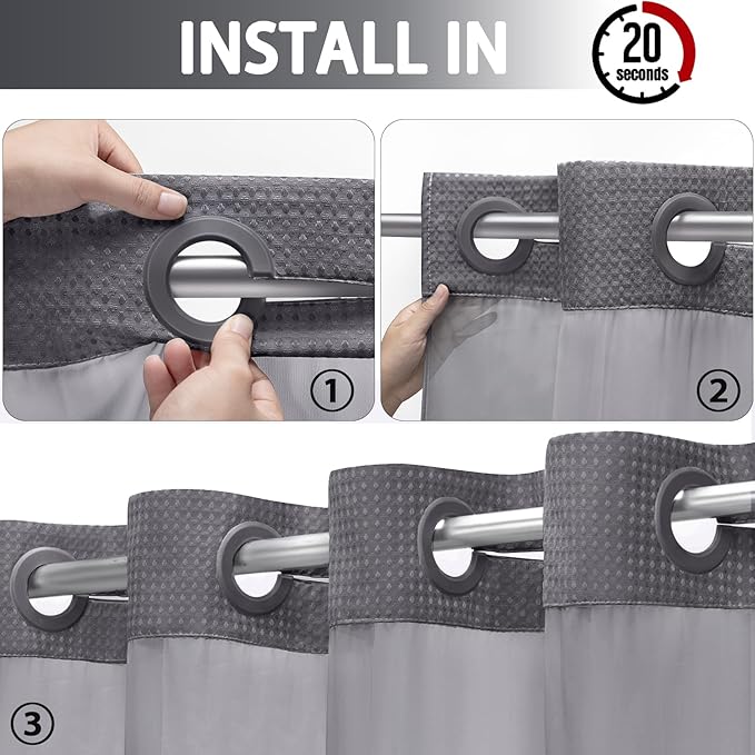 YellyHommy No Hook Shower Curtain with Snap in Liner Set Less Waffle Shower Curtain for Bathroom (Dark Grey, 87" L x 72" W)