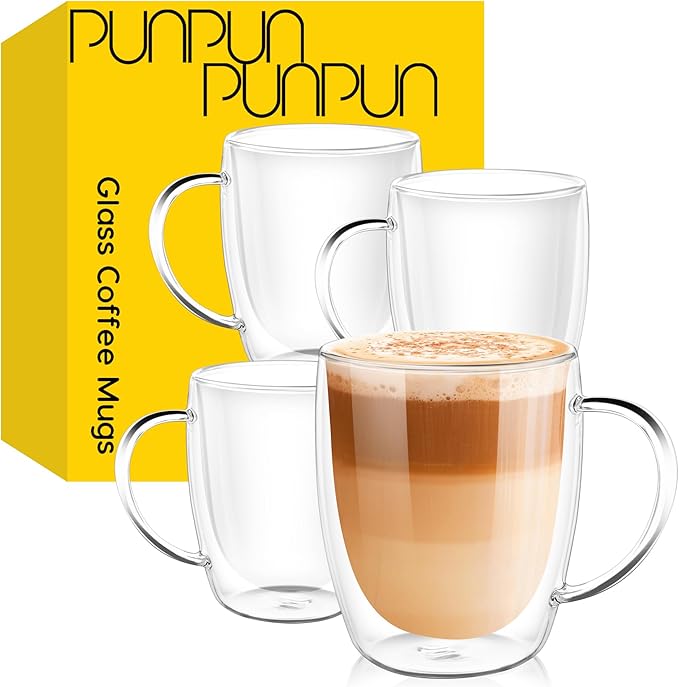 PunPun 12.9OZ. 380ml Clear Coffee Mugs, Glass Cups for Latte, Double Wall Glass with Big Handle, Clear Mugs for Iced Coffee or Hot Beverages, Espresso Cups Each Set of 4