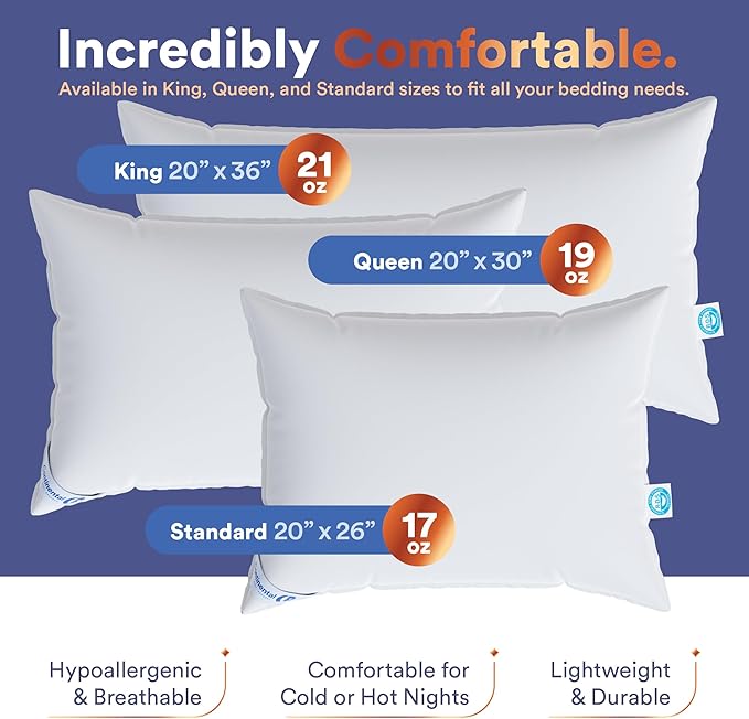 Continental Bedding 100% Siberian Goose Down Pillow 800 Fill Power, Soft, Standard, White
