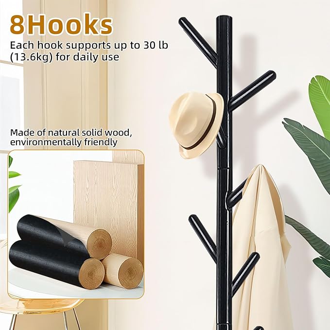 Coat Rack Freestanding with Stable Square Base for Cloathes, Hat, Used in Bedroom, Office and Entryway, Sturdy and Easy Assembly Coat Tree with 3 Adjustable Sizes and 8 Hooks, Black