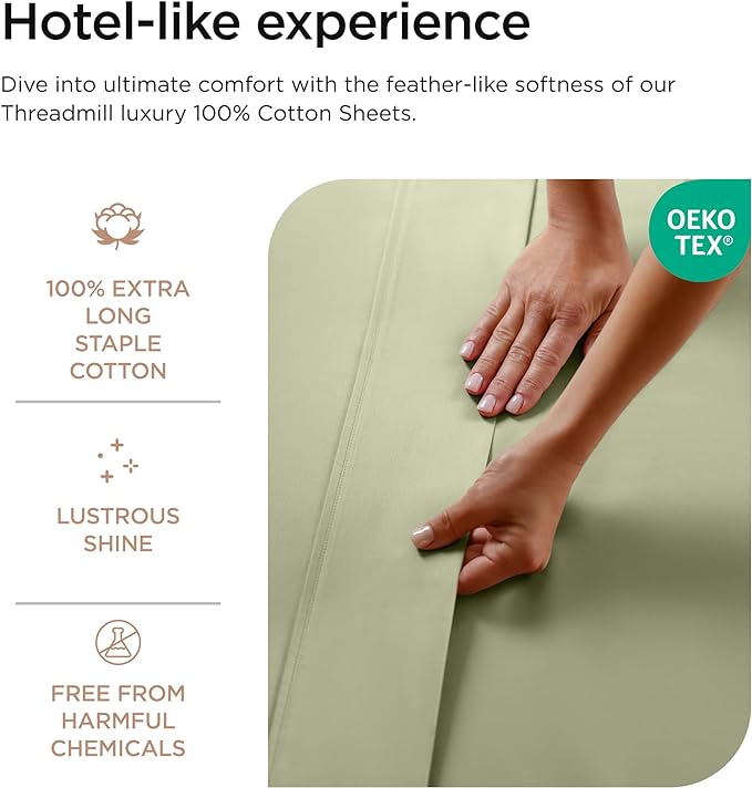 Threadmill Luxury 800 Thread Count Twin 100% Cotton Sheets - Sage Green Bed-Sheets, Sateen Weave Better Than Egyptian Cotton,3 Pc Solid Soft Bedding Set, Fits 15" Deep Pocket