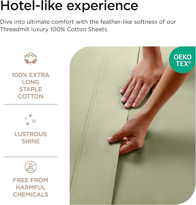 Threadmill 800 Thread Count 100% Cotton Sheets - Luxury Sateen Weave Sage Green Twin XL Bed-Sheets, Better Than Egyptian Cotton,3 Pc Solid Bedding Set, Fits 15" Deep Pocket