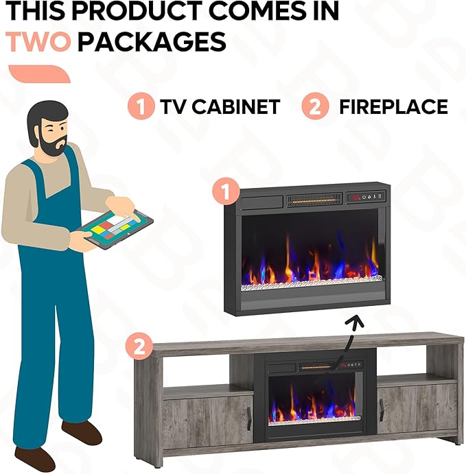 Bestier 70 Inch Fireplace TV Stand for 75" TVs, Modern Entertainment Center with LED Lights, Storage Cabinets and Adjustable Shelves for Living Room, Wash Grey