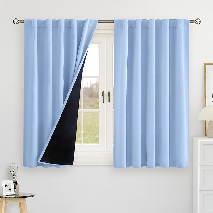 BGment 100% Blackout Curtains 40 Inch Length for Cafe, Kitchen Curtains Rod Pocket Back Tab Double Layer Thermal Insulated Room Darkening Bedroom Curtains, 2 Window Panels, 42 x 40 Inch，Light Blue