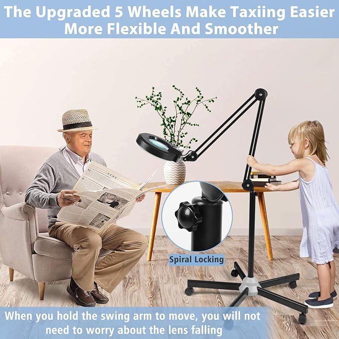 LANCOSC 8X Magnifying Glass with Light and Stand, Floor Lamp with 5-Wheel Rolling Base for Facials Lash Estheticians, 1,500 Lumens Dimmable LED Lighted Magnifier for Reading Sewing Crafts - Black