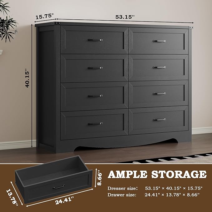 8-Drawer Dresser for Bedroom, Modern Wooden Chest of Drawers with Metal Handles, Anti-Tipping Design, Sturdy and Stable Storage Organizer for Living Room, Entryway, Home Office