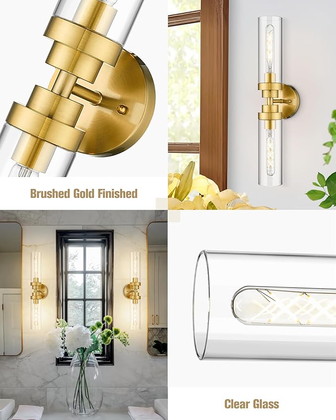 Emak 2-Light Bathroom Vanity Light Fixtures, Modern 22 Inch Brushed Gold Vanity Lights with Clear Glass Shade, Cylinder Wall Sconces for Bathroom, Bedroom, Hallway, VL085-BGD-2