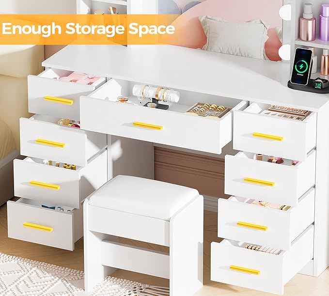 ANWBROAD Large Vanity Desk with Mirror and Lights 43" Makeup Vanity Desk with Lights 3 Colors 9 Drawers Power Outlet 6 Storage Shelves 5 Hooks White Dressing Table with Stool for Bedroom Girls UBDT87W