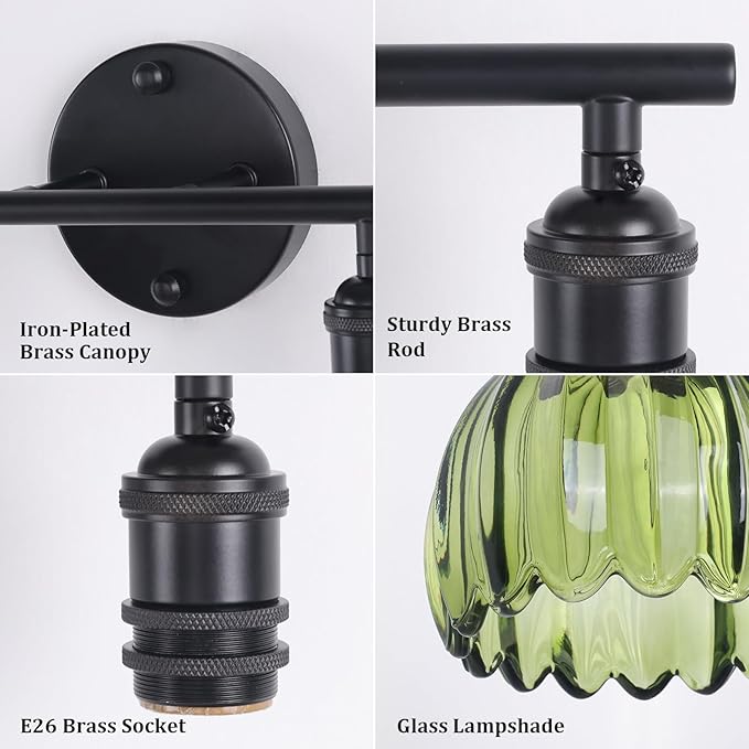 Bathroom Light Fixtures, 2-Light Black Vanity Wall Light Over Mirror with Green Tulip Glass Shade for Bedroom Living Room
