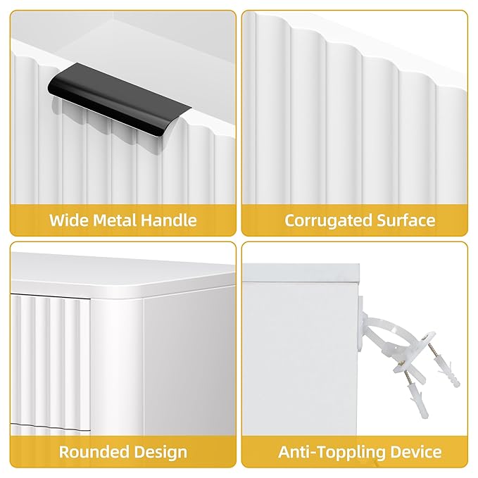 DWVO Fluted 3 Drawer Dresser, 32.5 Wider Modern Dressers Chest of Drawers with Solid Wood Legs, Wood Storage Dresser Organizer for Dorms, Flats, Living Rooms, Hallways, White