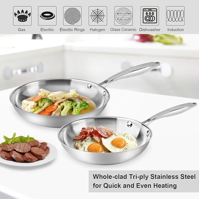 Fry Pan Set of 2 | 8" & 10" Tri-Ply Stainless Steel Frying Pan, Oven & Dishwasher Safe Classic Cooking Pan Cookware