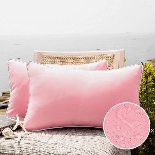 Phantoscope Pack of 2 Outdoor Waterproof Solid Throw Decorative Pillow Cover Decorative Square Outdoor Pillows Cushion Case Patio Pillows for Couch Tent Sunbrella, Pink 12x20 inches 30x50 cm