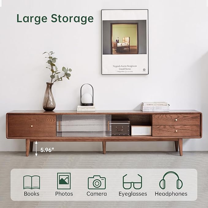 70.87" L Solid Oak Wood TV Stand for 70-85 Inch TVs, Glass Sliding Door TV Console with 3 Drawers and 2 Storage Cabinets, Entertainment Center with Storage TV Stands for Living Room (Walnut Color)