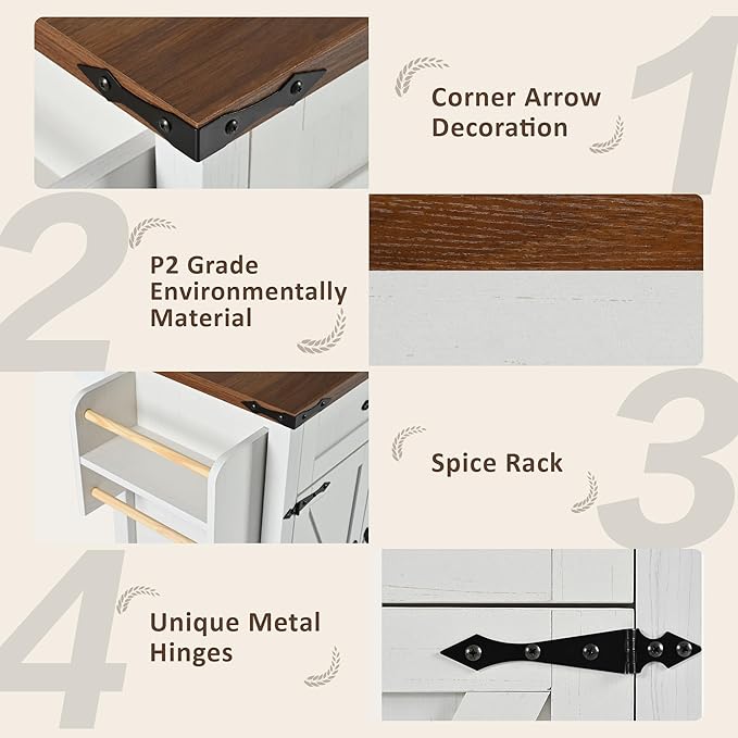 Farmhouse Roling Kitchen Island Cart with Drop Leaf Breakfast Bar with Power Outlet, Storage Island Table on Wheels with Drawers, Spice Rack(White)