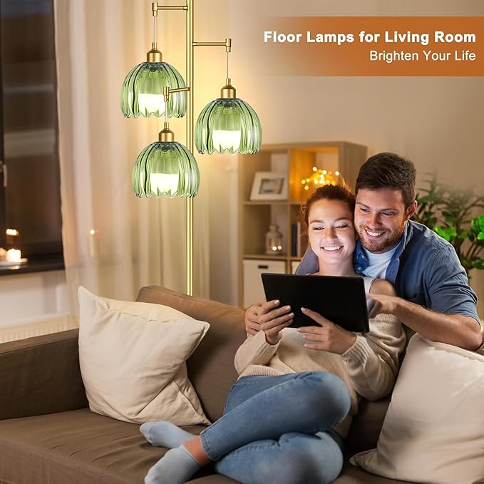 Gold Floor Lamps for Living Room Bedroom-3 Light Green Glass Floor Lamp with Three Led Bulb, Rustic Tall Floor Lamp Gold Standing Lamp Tree Floor Lamps for Living Room Bedroom,Office,Corner