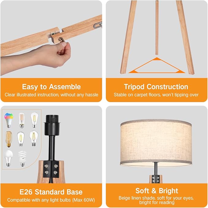 OUTON Dimmable Wood Tripod Floor Lamp with Shelves, Remote Control, Mid Century Modern Standing Lamp 58.5" for Bedroom, Living Room, and Office, Flaxen Lamp Shade Include E26 9W Bulb