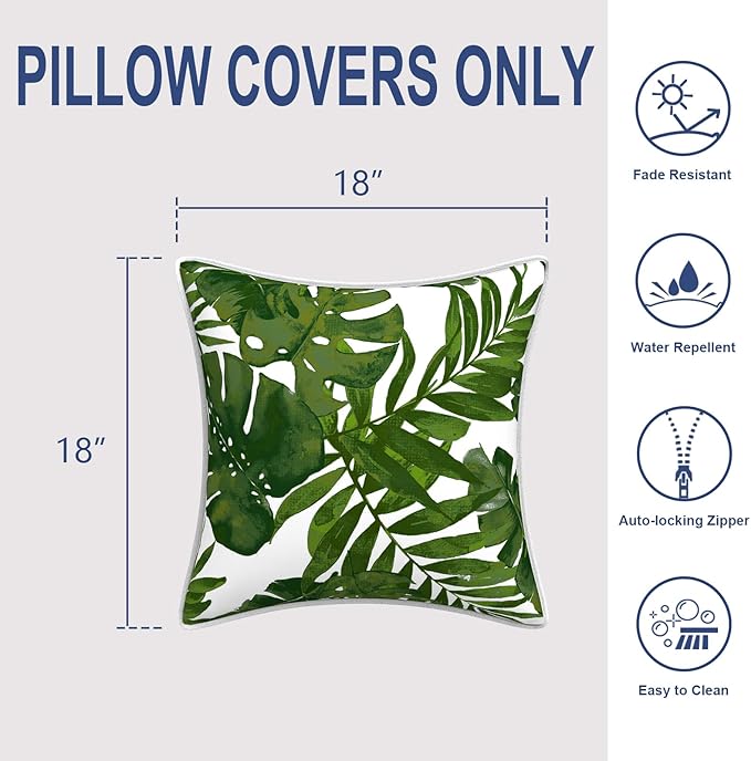 Outdoor Throw Pillow Covers Pack of 2, Decorative Water Repellent Square Pillow Cases with Piping 18x18 Inch, Patio Pillowcases for Home Patio Furniture Use, Palm Green