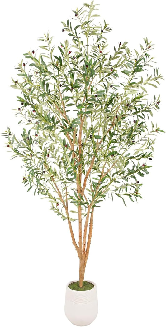 Bellacat 8ft Super Fuller Faux Olive Tree with White Decorative Planter & Multiple Real Wood Trunks, 96in Olive Trees Artificial Indoor with Realistic Fruit, Fake Olive Tree for Indoor & Outdoor Décor