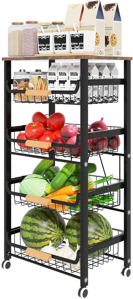 5-Tier Fruit Basket,Desktop Storage Organizer,Pull-Out Kitchen Storage Rack,Multi-Functional Storage Trolley for Office, Living Room, Kitchen, Movable Storage Organizer with Wheels,Black