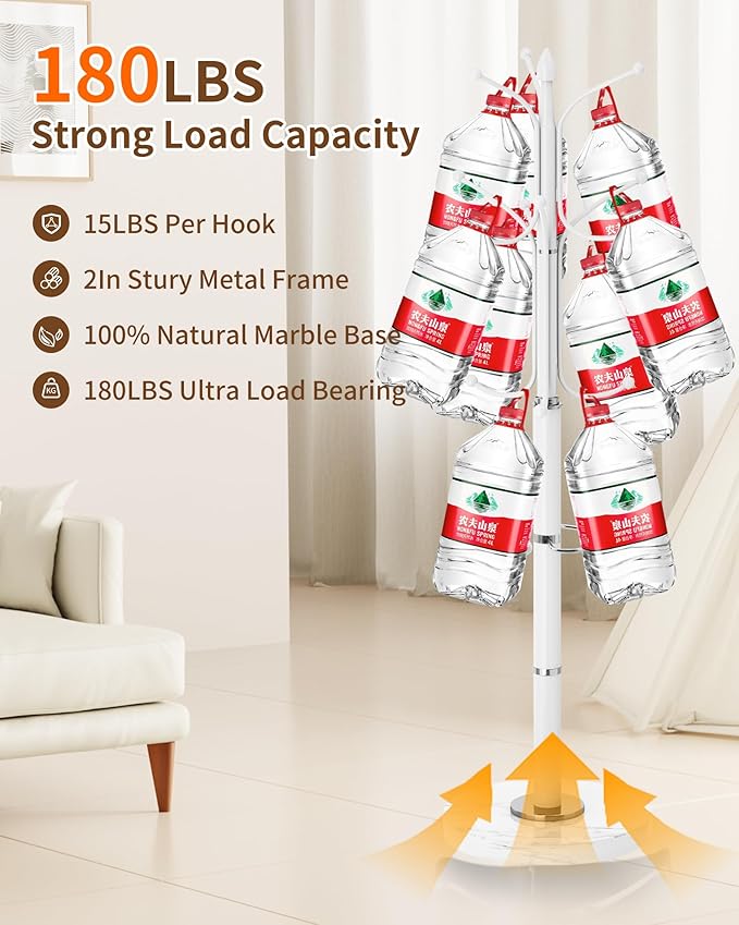 EZIVIEZ Modern Coat Rack Stand, Metal Freestanding Coat Rack with Natural Marble Base, Heavy-Duty Coat Racks with Umbrella Holder,White Coat Hanger Stand with 12 Hooks for Office, Entryway, Hallway