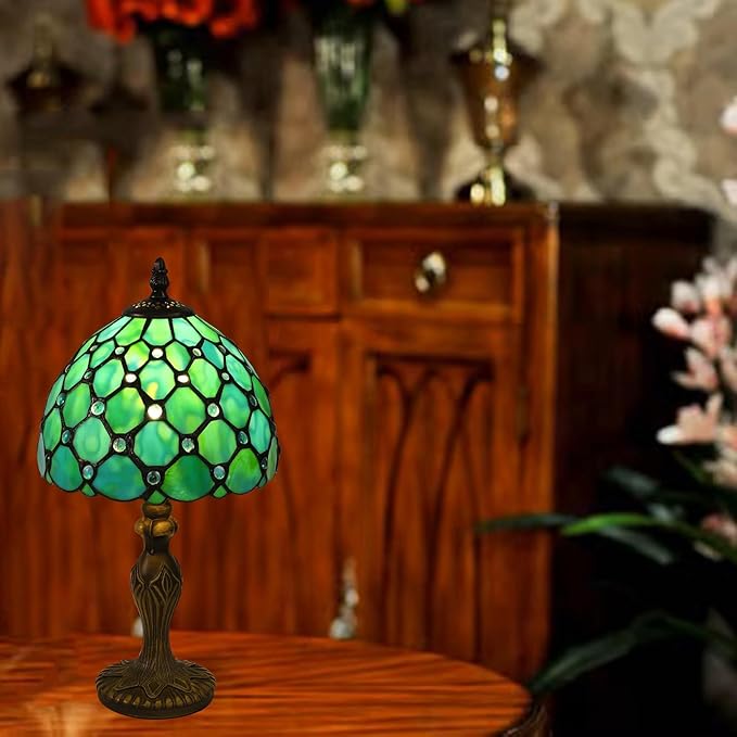Tiffany Table Lamp Blue Beads Stained Glass 3 Way Table Lamps for Living Room Nightstand Bedside Bedroom Home Office Desk Lamps W/LED Bulb 8X8X15Inch