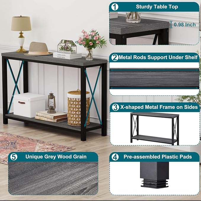 BON AUGURE Console Tables for Living Room, Industrial Couch Table Behind Sofa, Wood Metal Entryway Tables for Hallway, Entry Way Table for Foyer, Entrance, Front Door (Dark Grey Oak, 47 Inch)