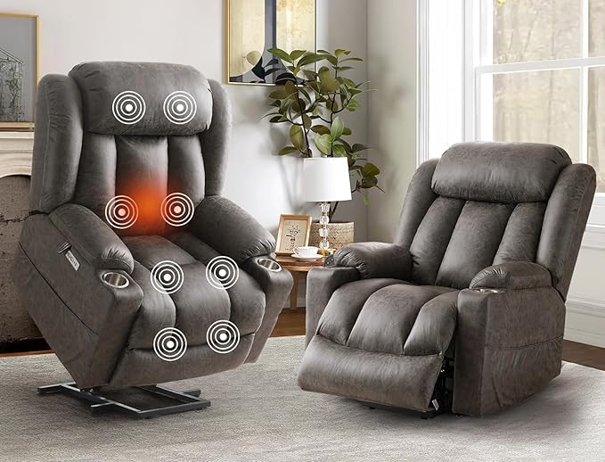 HUSFU Oversized Power Lift Recliner Chairs for Elderly with Massage and Heat, Extra Wide Recliners,Breathable Leather Lift Chairs w/Cup Holders, USB & Type-C Ports, Matte Grey,2PCS