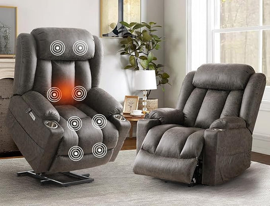 HUSFU Oversized Power Lift Recliner Chairs for Elderly with Massage and Heat, Extra Wide Recliners,Breathable Leather Lift Chairs w/Cup Holders, USB & Type-C Ports, Matte Grey,2PCS