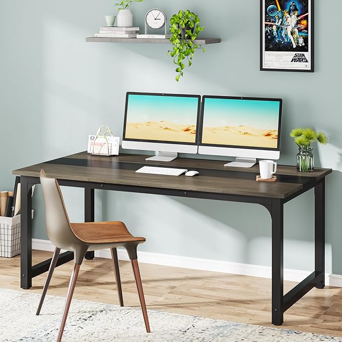Tribesigns Modern Computer Desk, 63 x 31.5 inch Large Office Desk Computer Table Study Writing Desk Workstation for Home Office, Grey/Black