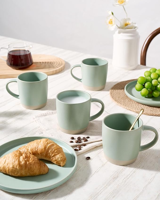 famiware Coffee Mugs Set of 4, Milkyway 13 oz Mug Set, Ceramic Cup Set with Handle for Coffee, Tea, Cocoa, Milk, Light Green