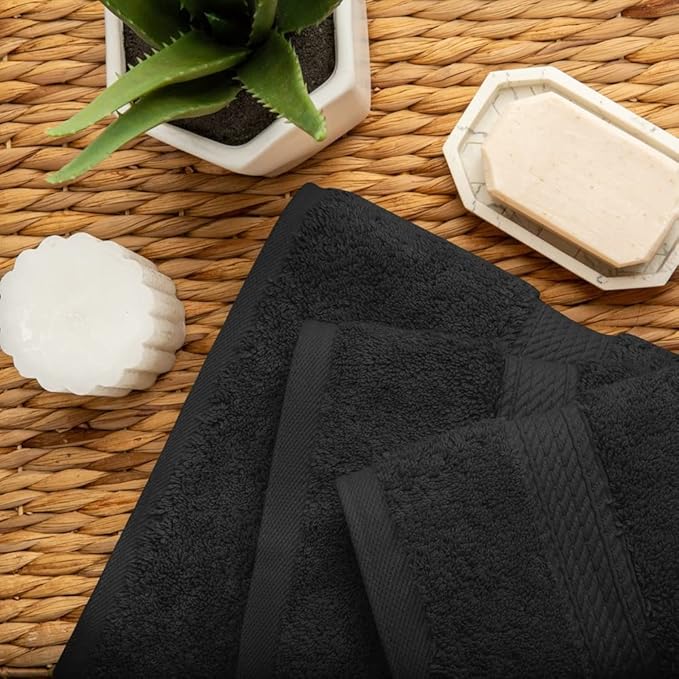 Superior Egyptian Cotton Pile 3 Piece Towel Set, Includes 1 Bath, 1 Hand, 1 Face Towel/Washcloth, Ultra Soft Luxury Towels, Thick Plush Essentials, Guest Bath, Spa, Hotel Bathroom, Black