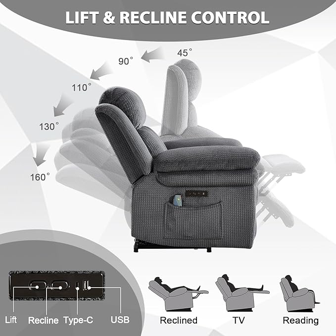 CANMOV 46" Wide Oversize Power Lift Recliner Chair, Extra Large Electric Lift Recliners for Elderly Big, Stand Up Recliner Chair with Massage and Heat, USB and Type-C Ports, Dark Grey
