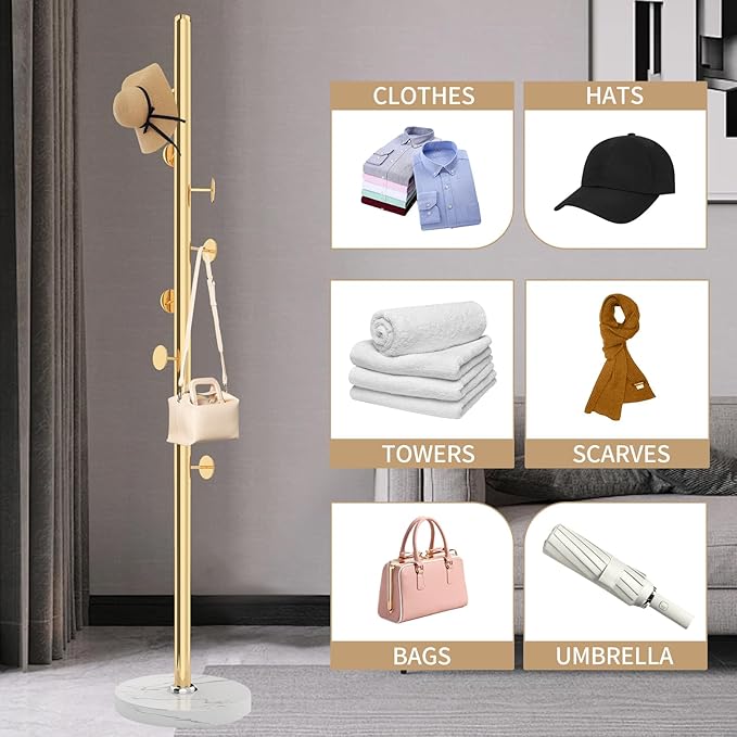 Modern Metal Coat Rack Stand with Natural Marble Base, Heavy Duty Coat Rack Freestanding with 8 Hooks, Golden Standing Coat Racks Hall Tree Stand for Bag, Jacket, Entryway Office