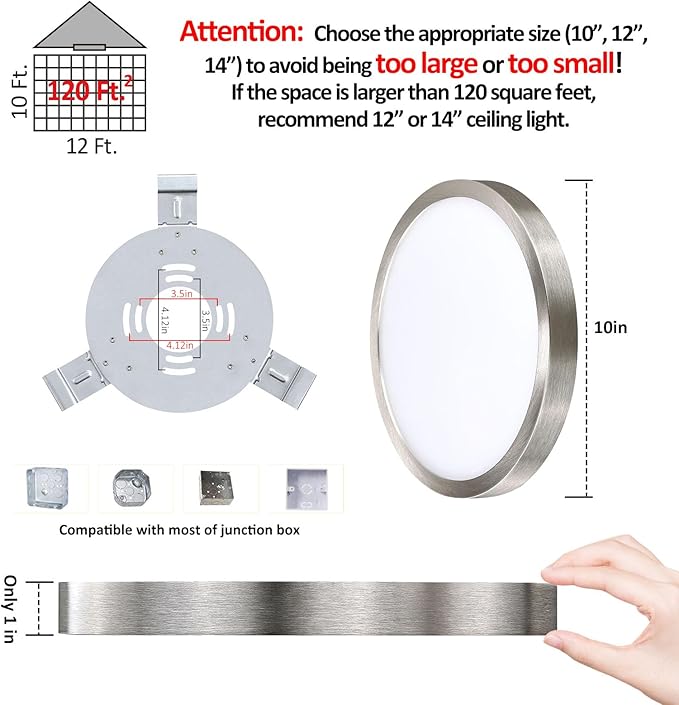 10 Inch Flush Mount LED Ceiling Light Fixture, Slim Dimmable Flush Mount Light for Kitchen, Metal and Glass Modern Ceiling Light for Low Ceiling, Bedroom, Laundry, Brushed Nickel, 17W, 3000K, 2 Pack
