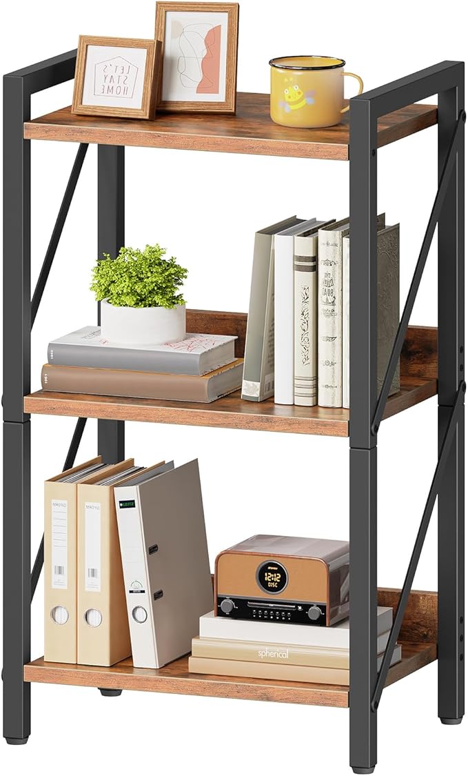 HOOBRO Bookshelf, 3-Tier Industrial Bookcase, Book Shelf Storage Organizer, Small Bookshelf with Metal Frame for Living Room, Bedroom, Home Office, Kitchen, Rustic Brown and Black BF71SJ01