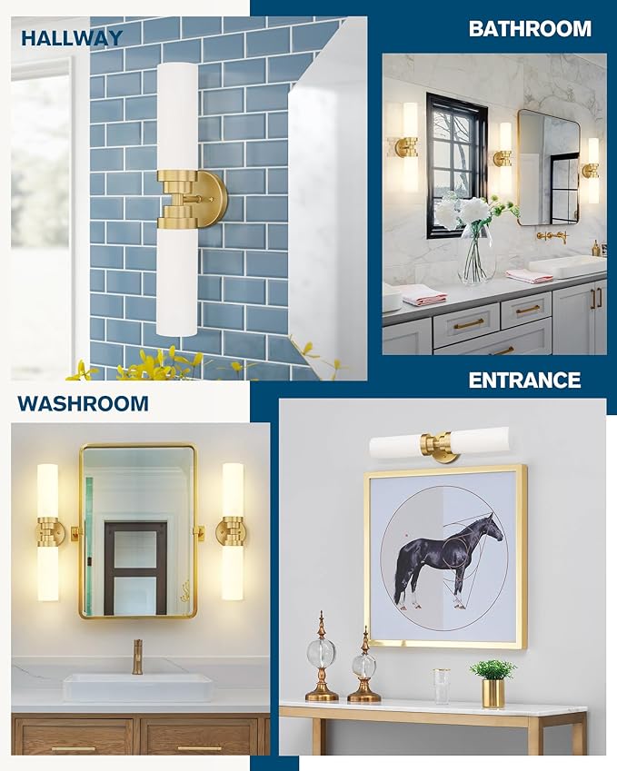 Emak 22 Inch Gold Bathroom Light Fixtures Over Mirror, 2 Light Bathroom Vanity Light with Milk Glass Shade, Modern Wall Sconce Set of Two for Bath, Hallway, VL085-GDL-ML-2-2PK