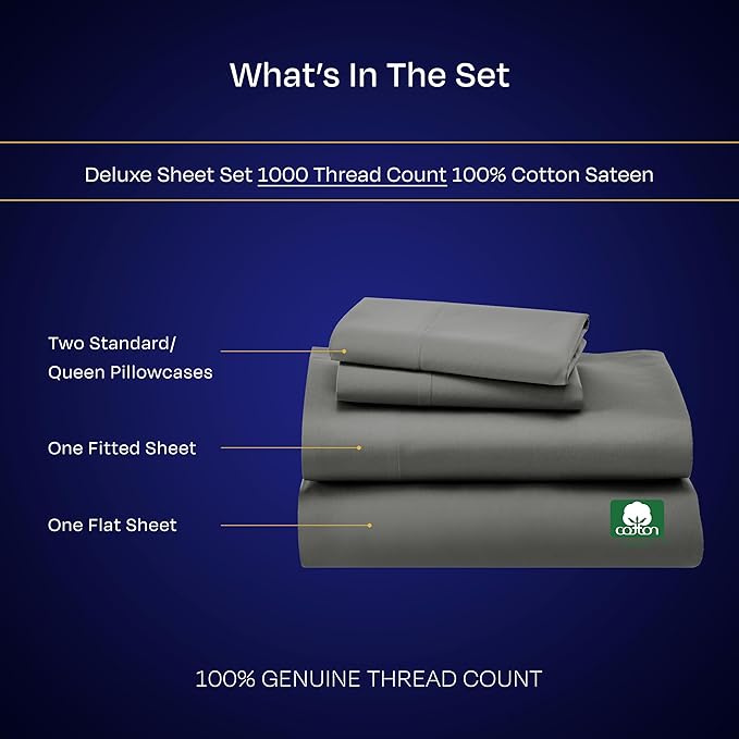 California Design Den Queen Sheets Set - Luxury 1000 Thread Count Sateen, Thick and Natural 100% Cotton Sheets, Deep Pockets, Soft, Breathable and Durable Bedding Set - Grey