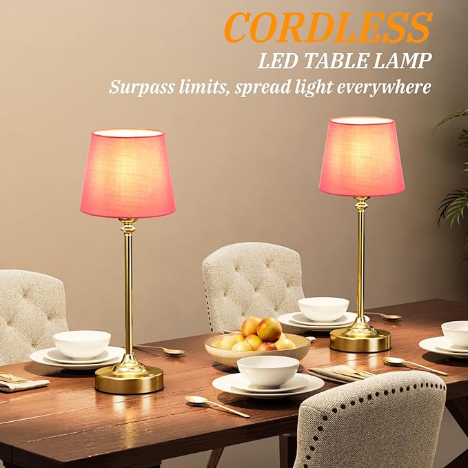 Cordless Table Lamps Rechargeable Set - 2 Pack Brass 4000mAH Battery Operated Lamps for Decor, 3000K Stepless Dimming Touch Control Wireless Lamps for Bedroom, Dining Table, Living Room, Rose Shade