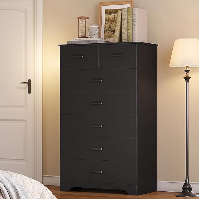 Hasuit Tall Dresser for Bedroom, Black Large Chest of Drawers, 55.6'' High Dressers with 7 Drawers, Modern Wooden Vertical Storage Clothes Closet Organizer
