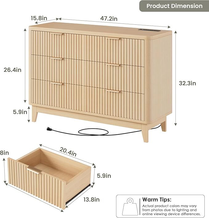 HAIOOU Fluted 6 Drawer Dresser with Power Outlet, 47.2” Wide Modern Chest of Drawers, Curved Profile Design Wooden Dresser for Bedroom, Clothing Storage Organizer TV Stand for Closet - Natural Oak