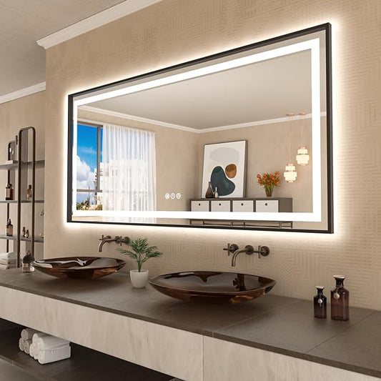 Amorho 72" X40" LED Bathroom Mirror, Front Light and Backlit, Black Framed, Stepless Dimmable, Anti-Fog, Shatter-Proof, Memory, 3 Colors, Double LED Vanity Mirror