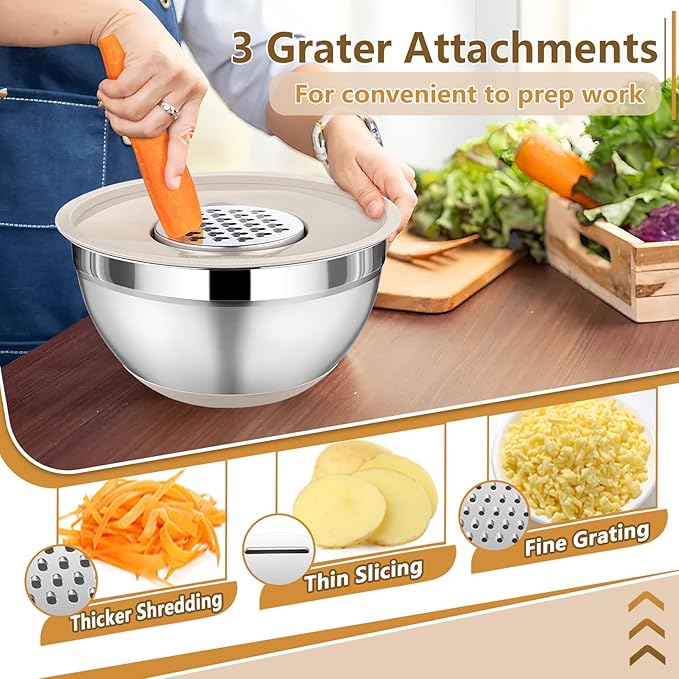 P&P CHEF Mixing Bowl with Lids Set of 3, Stainless Steel Nesting Salad Bowls for Serving Preparing, 3 Grater Attachments & Non-Slip Bottoms, Size 1.5/2.6/4.6 QT, Khaki