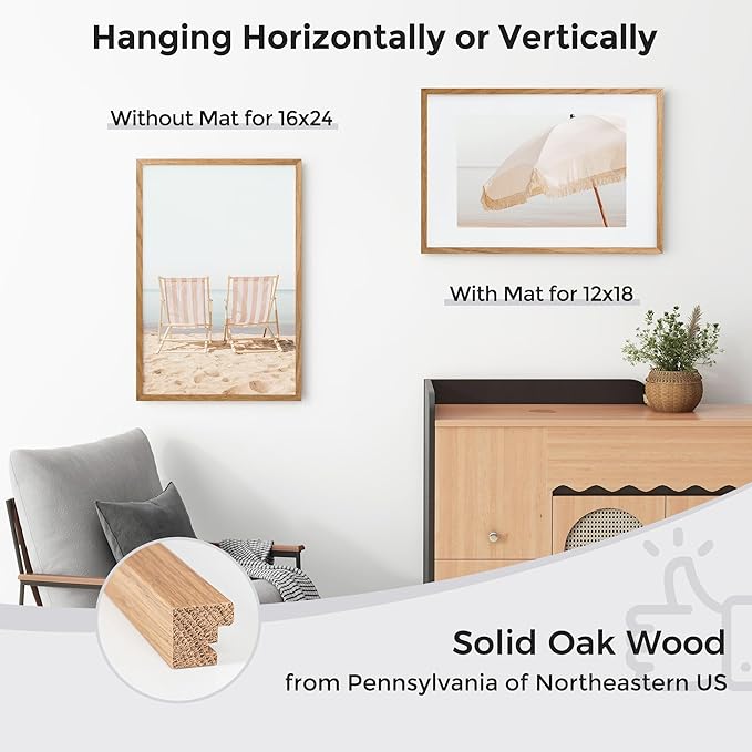 Axeman 16x24 Frame With Mat for 12x18, Solid Oak Wood 16x24 Poster Frame With Tempered Glass, 16 x 24 Picture Frame for Wall, 16 by 24 Wood Frame Home Decor, Hanging Hardware included, 2 PCs, Natural