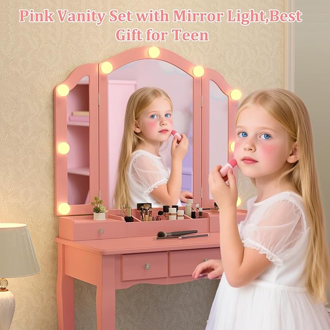 Pink Makeup Vanity Desk with Mirror Lights, Vanity Desk with Lights and Mirror, Makeup Vanity with Drawers and Kids Vanity
