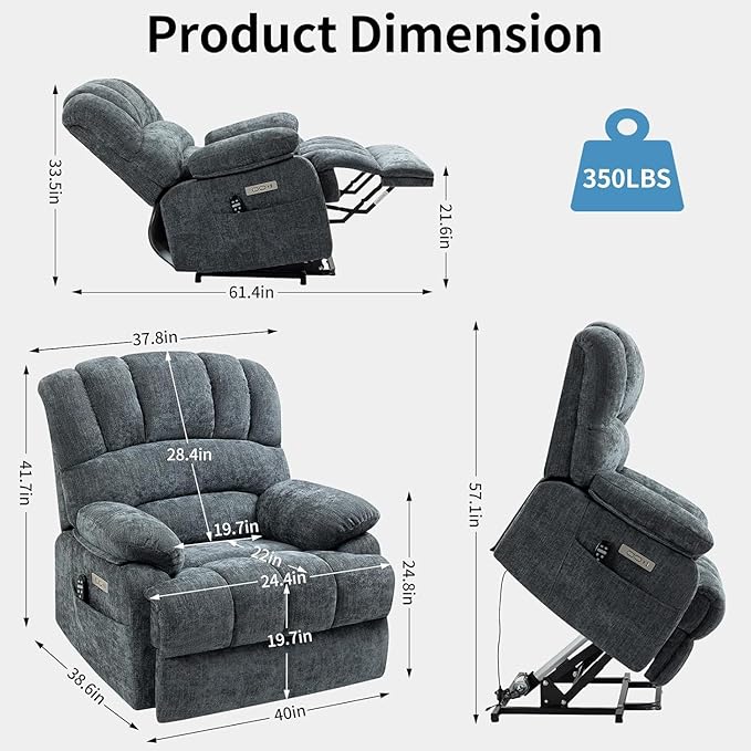 Power Lift Recliner Chair for Elderly People, Oversized Lift Recliner with Vibration Massage and Heat for Seniors with Charging Ports, Side Pockets, Chenille Fabric Blue