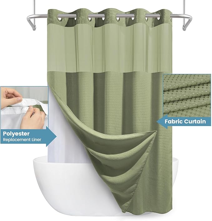 Sage Green Long Hotel Shower Curtain - 230GSM Waffle Textured Heavy Duty Thick Fabric Shower Curtains for Bathroom,71W x 86H