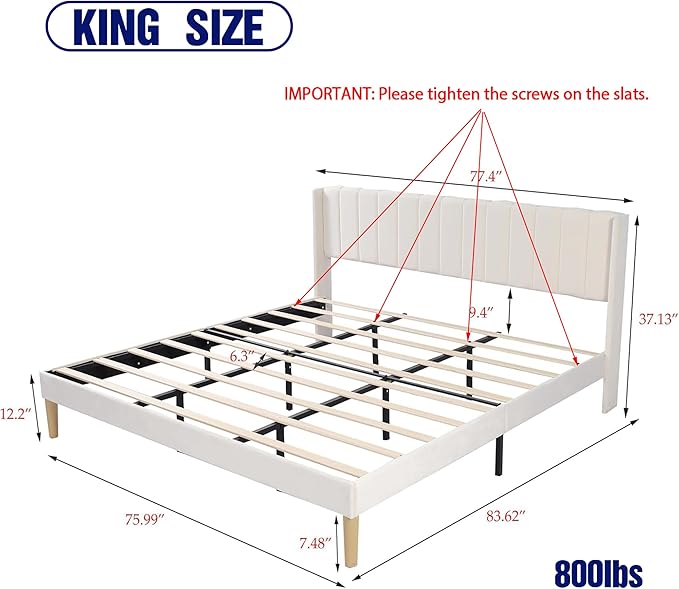 Upholstered Platform King Size Bed Frame with Headboard Wooden Slats Support No Noise Easy Assembly Beige Velvet