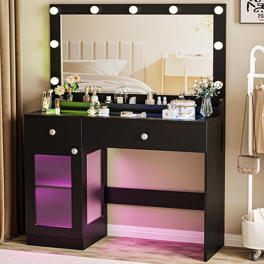 Vanity Desk with Large Mirror and Lights, 39.4'' Glass Top Makeup Vanity with RGB Cabinet Drawers Power Outlet 3 Color Light Modes Brightness Adjustable Vanity Dressing Table for Bedroom Black